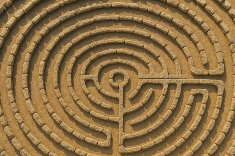 Luftaufnahme eines Steinlabyrinths – Symbol für Komplexität und Orientierungslosigkeit