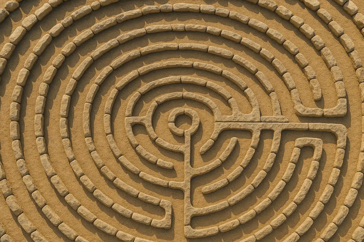 Luftaufnahme eines Steinlabyrinths – Symbol für Komplexität und Orientierungslosigkeit in der Integralen Theorie