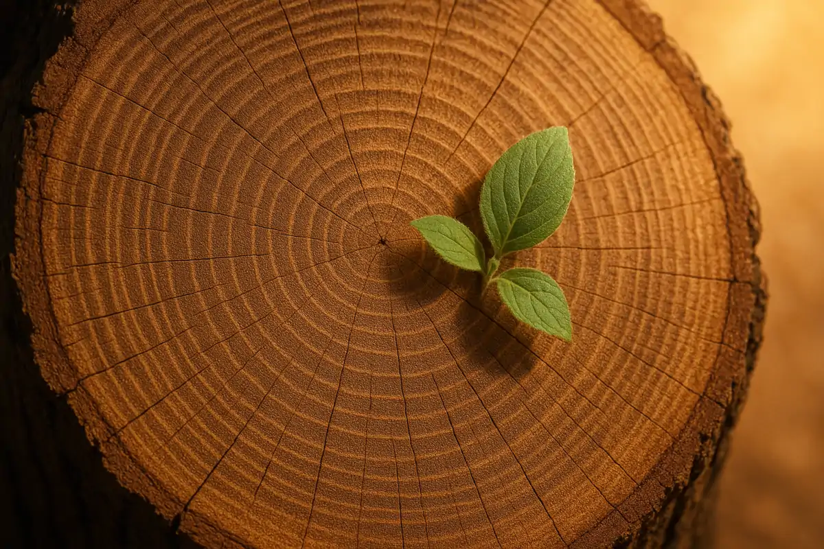 Baumstamm mit Jahresringen und jungem Blatt – Symbol für Tiefe und neues Wachstum in der Integralen Theorie