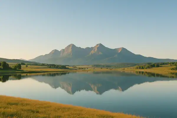 Hero-Bild für integralux® Business-Coaching in Frankfurt: Naturrealistische Berglandschaft mit stillem See und klarer Spiegelung im Morgenlicht – Symbol für Klarheit, Tiefe und Wandel in der Führung.