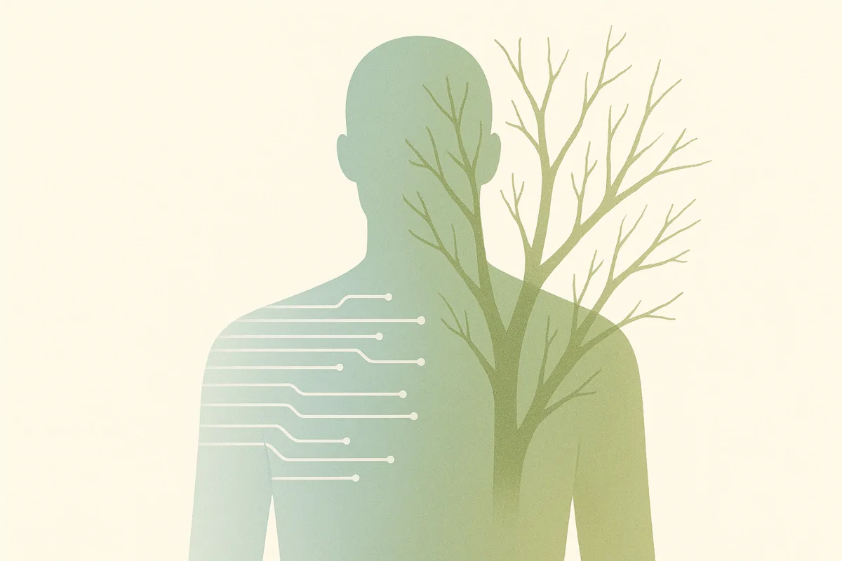 Illustration einer menschlichen Silhouette, halb mit digitalen Schaltkreisen, halb mit organischen Baumästen – Symbol für Donna Haraways Idee des Menschen als hybrides Wesen aus Natur und Technik