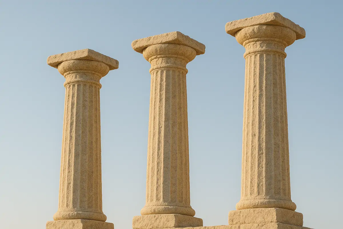 Drei antike Steinsäulen im Sonnenlicht – Symbol für verschiedene philosophische Fundamente in der Integralen Theorie