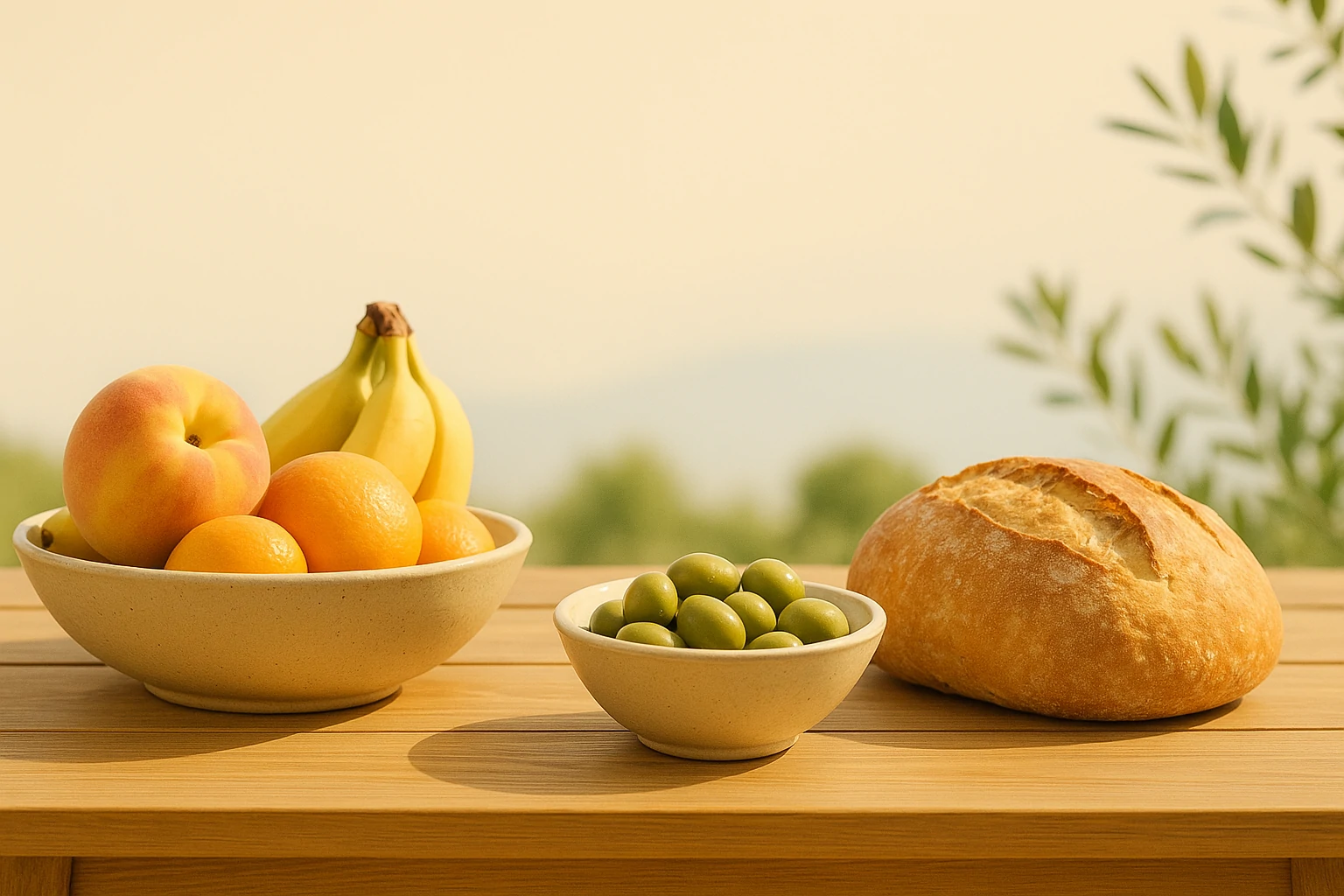 Schale mit frischem Obst und Brot – Symbol für Epikurs Lebensfreude und Einfachheit