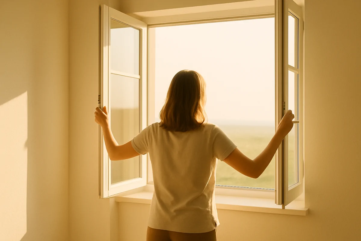 Frau öffnet ein Fenster, Sonnenlicht fällt in den Raum – Symbol für Nussbaums Idee, dass Technik menschliche Fähigkeiten stärken soll