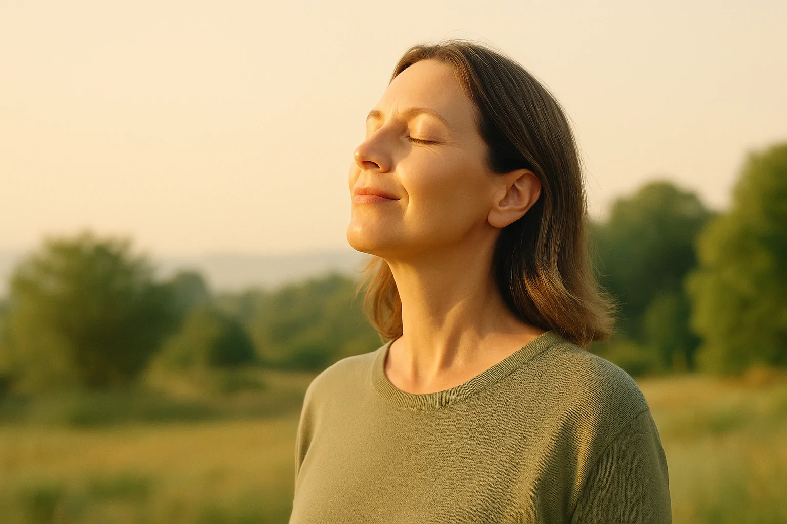 Frau hebt ihr Gesicht in die Morgensonne – Symbol für Lebensfreude als Teil des Menschseins