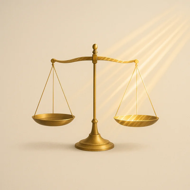 Goldene Waage im Lichtstrahl – Symbol für Balance und bewusste Entscheidungen im Umgang mit KI