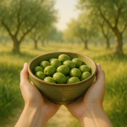 Epikureische Lebensfreude – Hände halten Oliven im Olivengarten