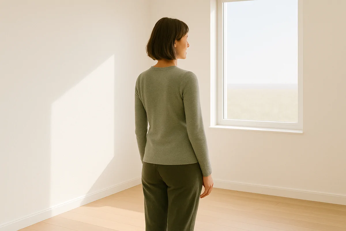 Frau steht im Licht an einem Fenster – Symbol für innere Haltung.