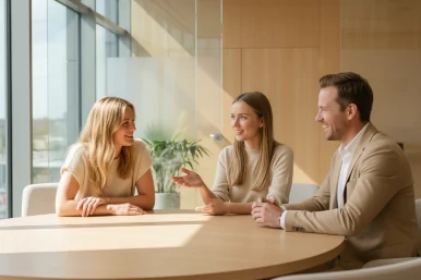 Drei Menschen im Gespräch an einem runden Tisch in einem modernen, lichtdurchfluteten Meetingraum – Symbol für Klarheit, Zusammenarbeit und Resonanz im Coaching