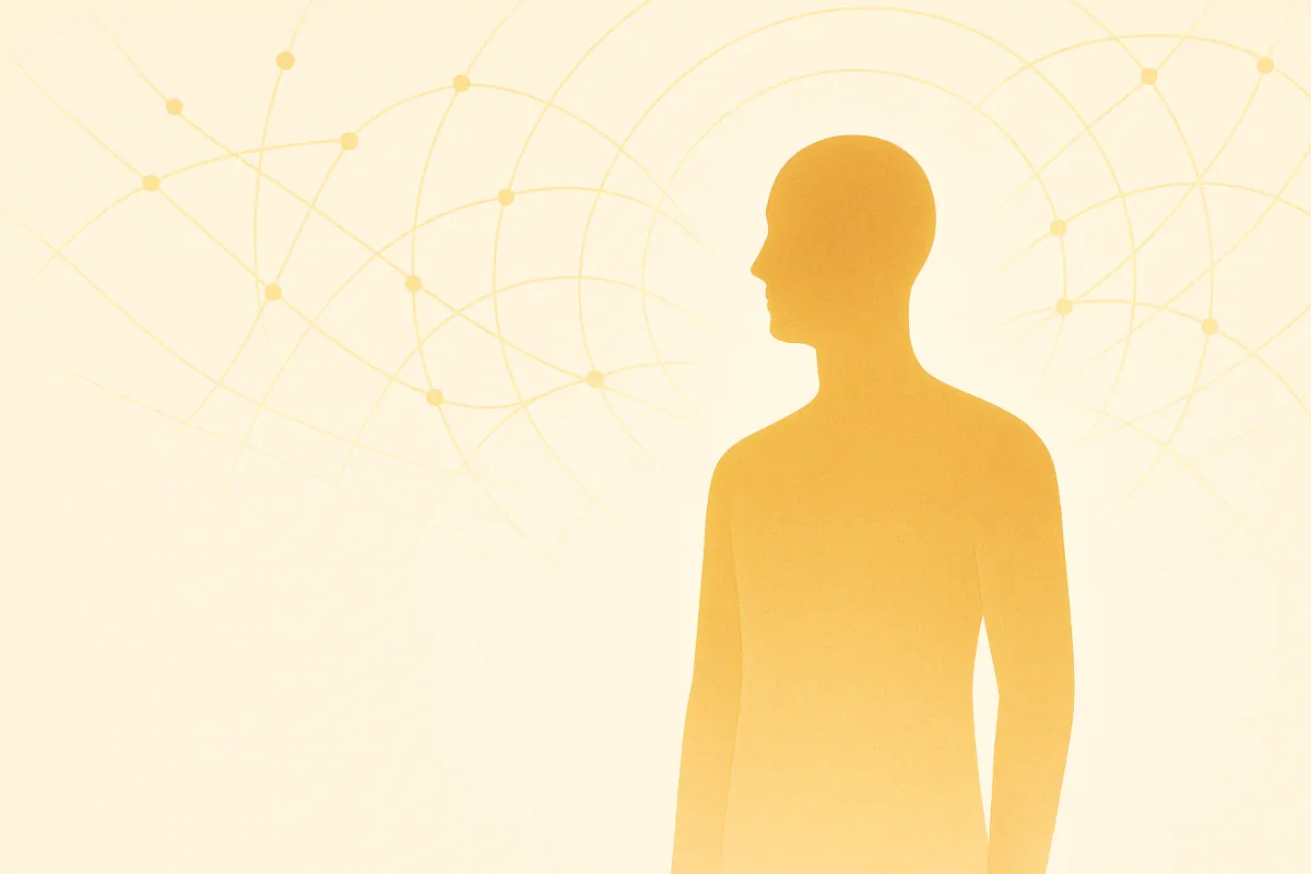 Menschliche Silhouette mit Netzwerkstrukturen im goldenen Licht – Symbol für innere Stärke und unersetzliche Qualitäten im KI-Zeitalter