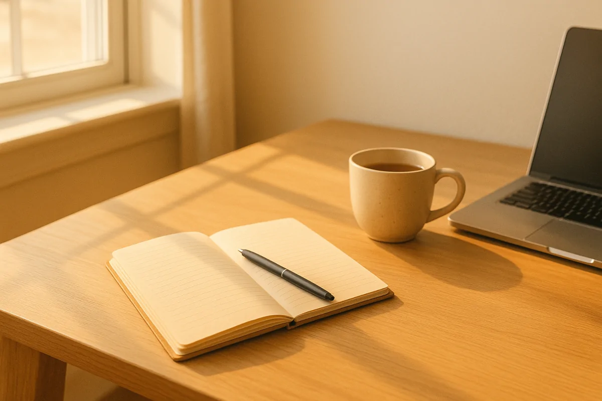 Schreibtisch im Morgenlicht – Symbol für Denkprozesse und Klarheit.