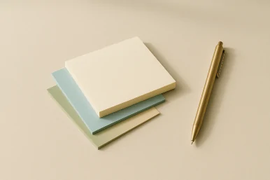 Minimalistische Schreibszene mit Notizzetteln in Naturfarben und goldenem Stift – Symbol für kognitive Klarheit und Reflexion im Coaching