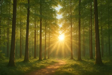 Lichtstrahlen fallen durch einen Wald – Symbol für Dialog und Verbindung