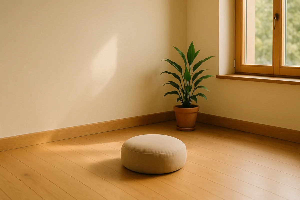 Ruhiger Retreat-Raum mit einem Meditationskissen – Symbol für Rückzug & Klarheit.