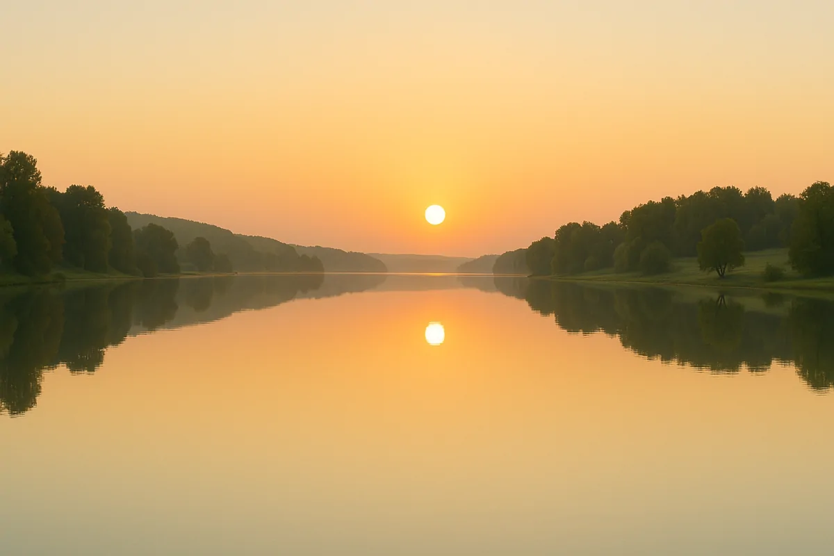 Ruhiger Sonnenaufgang über einem stillen See – Symbol für Klarheit und Ruhe.