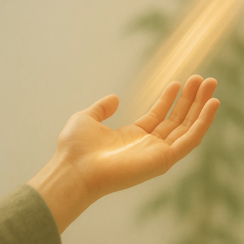 Geöffnete Hand im Lichtstrahl – Symbol für Offenheit und bewussten Umgang mit KI