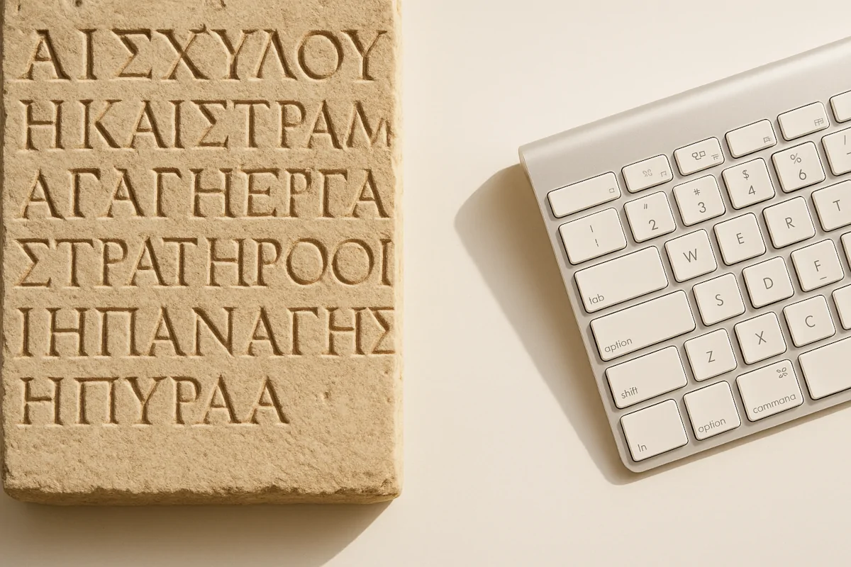Antike griechische Steininschrift neben einer modernen Computertastatur – Symbol für Platons Kritik an der Schrift und den Vergleich zur KI als Illusion des Wissens