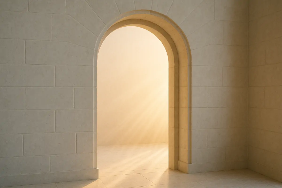 Heller Torbogen mit Sonnenlicht – Symbol für Einladung und Neubeginn