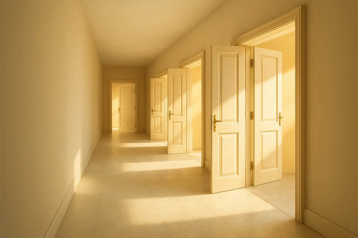 Heller Korridor mit Sonnenlicht – Symbol für Orientierung und den Wertekorridor in der Integralen Theorie