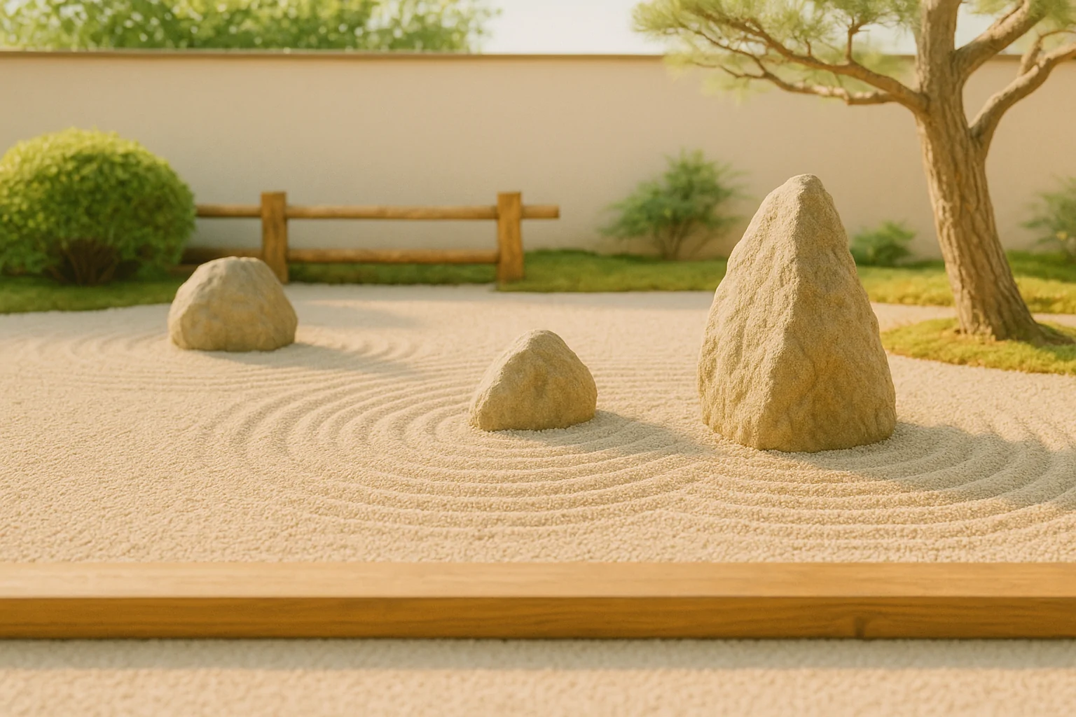Minimalistischer Zen-Garten im Morgenlicht – Symbol für stoische Gelassenheit und Klarheit