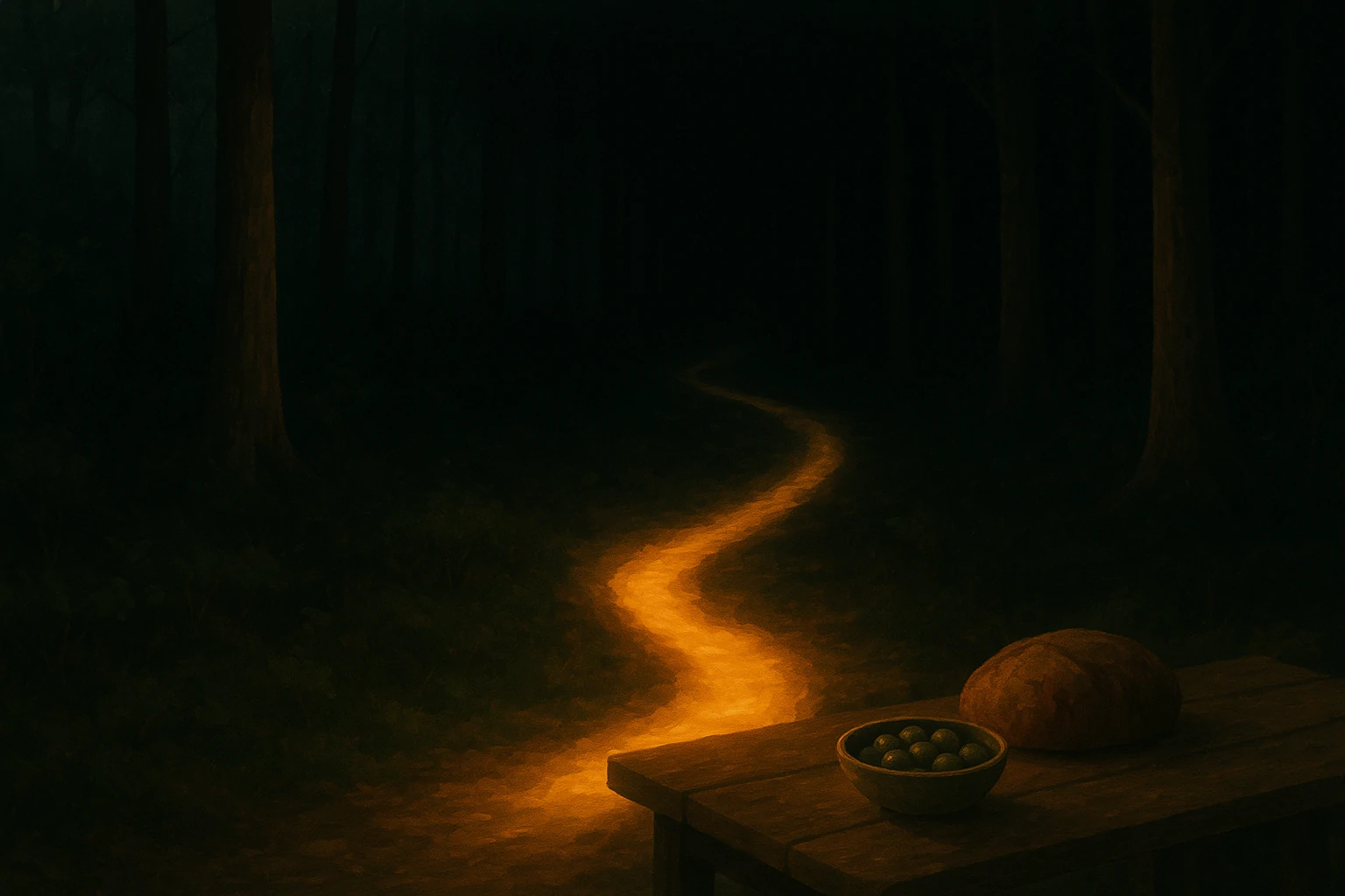 Leuchtender Weg durch dunklen Wald – Symbol für innere Orientierung in der Selbstführung