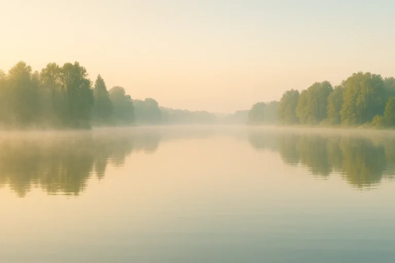 Ruhiger See im Morgennebel mit klarer Spiegelung der Bäume – Symbol für Reflexion und Tiefe im Kontext Künstliche Intelligenz