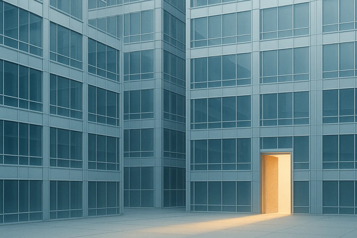 Fassade eines modernen Glasgebäudes mit vielen identischen Fenstern, darunter eine offene Tür mit goldenem Licht – Symbol für Heideggers Warnung vor technischer Verflachung und der Sehnsucht nach Tiefe