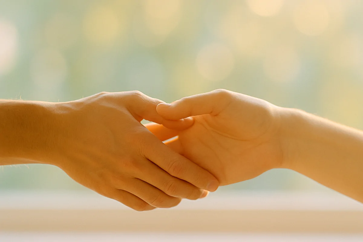 Zwei Hände berühren sich – Symbol für Fühlen und Resonanz.