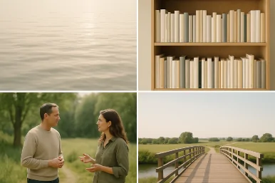 Symbolische Darstellung der vier Quadranten der Integralen Theorie: Innenwelt mit Wasseroberfläche, objektive Fakten mit Bücherregal, kulturelle Dimension mit Menschen im Gespräch, Systeme mit Brücke im Feld