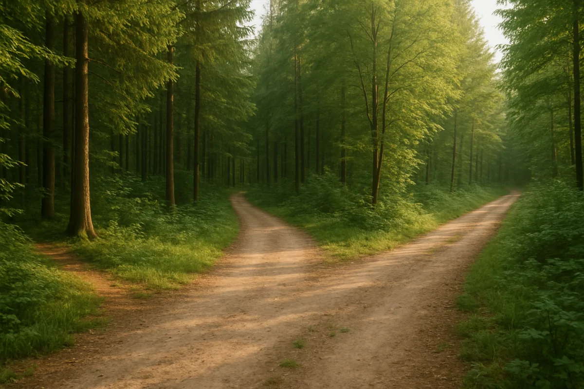 Waldweg mit Weggabelung – Symbol für Entscheidungen im Handeln.