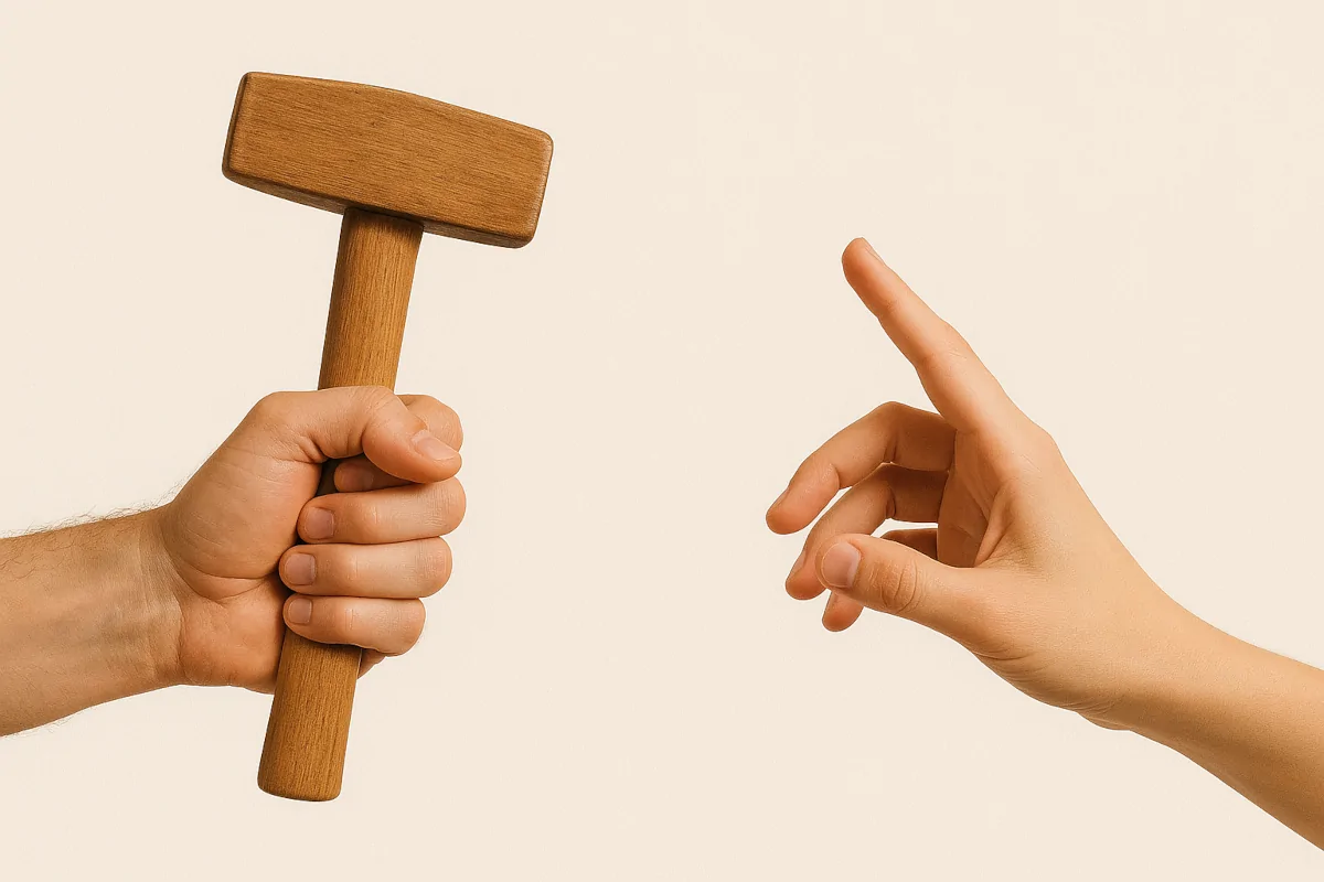 Eine Hand hält einen Holzhammer, eine andere tippt auf einen unsichtbaren Touchscreen – Symbol für Aristoteles' Idee von Technik als Erweiterung menschlicher Fähigkeiten