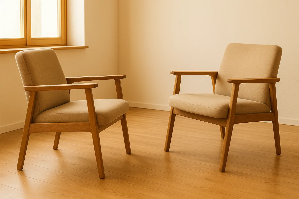 Zwei einander zugewandte Stühle – Symbol für Coaching-Gespräch.