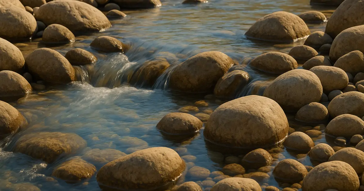 Klares Bachbett mit glatten Steinen und fließendem Wasser – Symbol für Resonanz und Wandel in der Integralen Theorie
