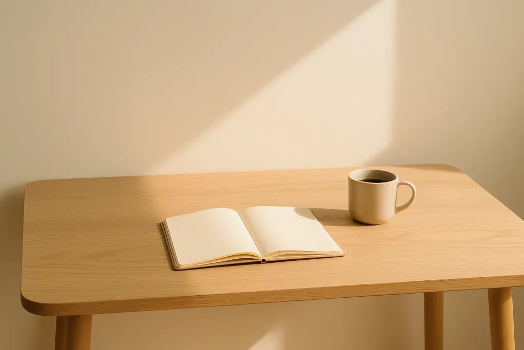 „Minimalistischer Schreibtisch mit Notizbuch und Kaffeetasse im Morgenlicht – Symbol für Klarheit und Fokus.“