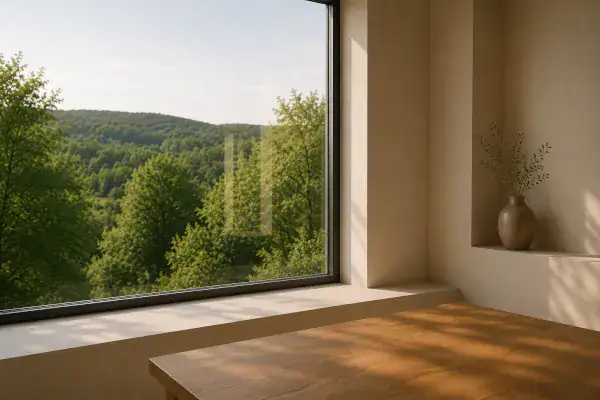 Blick durch ein großes Fenster ins Grüne mit leichter Spiegelung im Glas und mehreren sichtbaren Tiefenebenen.