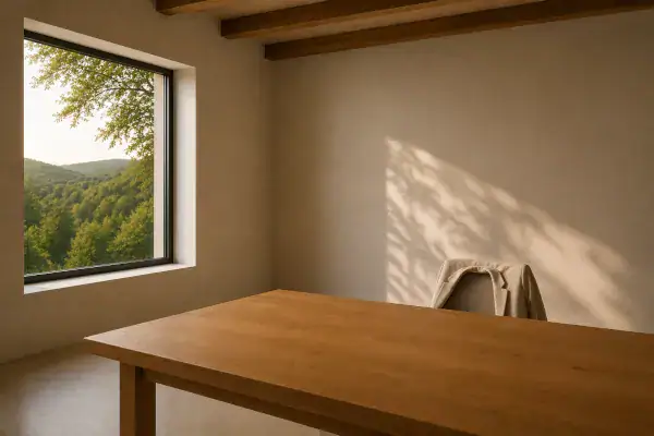 Großer Holztisch in einem hellen Raum mit Blick ins Grüne, eine helle Jacke liegt über einer Stuhllehne, warmes Tageslicht und ruhige Atmosphäre.