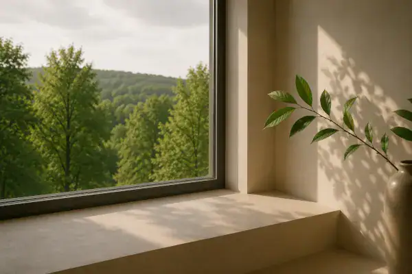 Ein einzelner grüner Zweig vor einem Fenster, sanftes Tageslicht, weiche Schatten und Blick ins Grüne im Hintergrund.