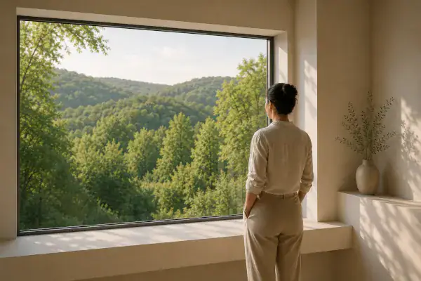 Eine Person steht in einem hellen Raum vor einem großen Fenster und blickt in die Landschaft.