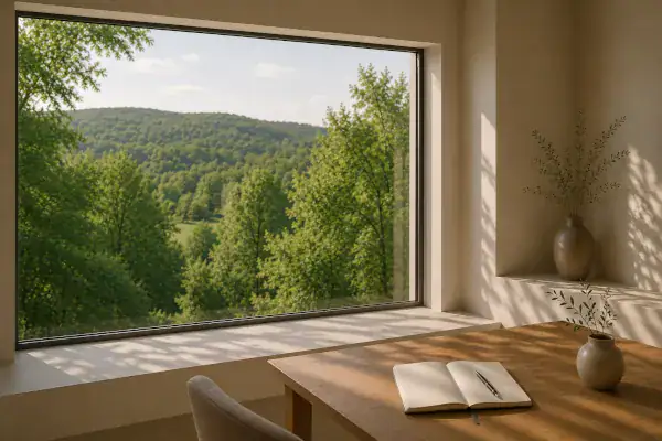 Geöffnetes Notizbuch mit Stift auf einem Holztisch am Fenster, natürliches Tageslicht und Blick ins Grüne.