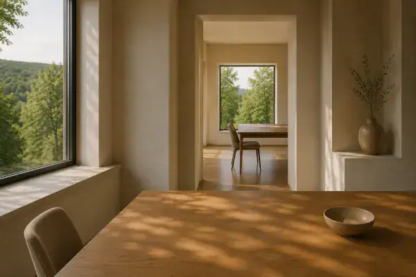 Blick durch einen offenen Durchgang in einen zweiten Raum mit Tisch und Fenster – Symbol für vertiefte Reflexion, Perspektivwechsel und komplexe Anliegen.