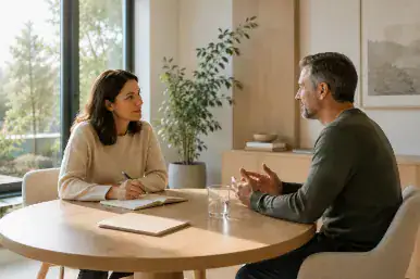 Zwei Menschen im Gespräch an einem runden Tisch in einem modernen, lichtdurchfluteten Meetingraum – Symbol für Klarheit, Zusammenarbeit und Resonanz im Coaching