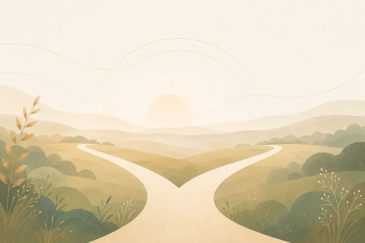 Verzweigter Weg in einer ruhigen Landschaft als Symbol für Orientierung, Entscheidung und verantwortungsvolle Wege in komplexen Zeiten