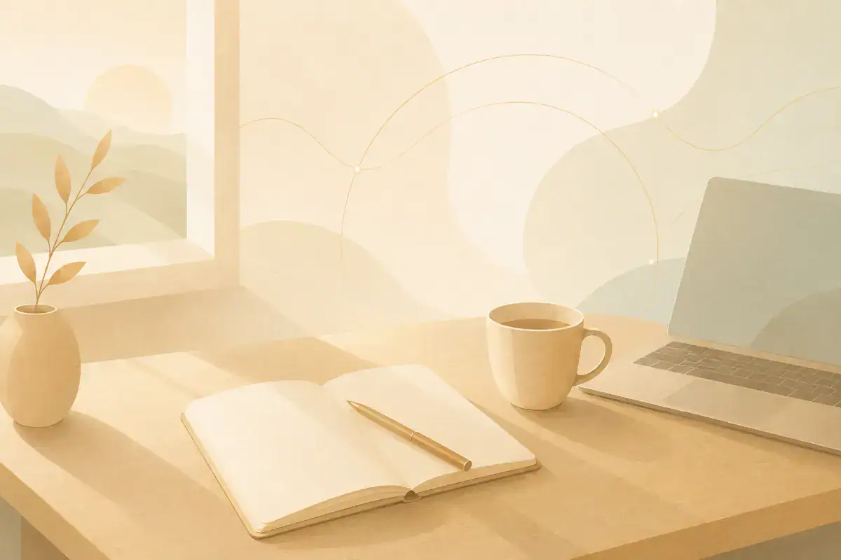 Illustrierter Arbeitsplatz mit Notizbuch, Tasse und Laptop im warmen Morgenlicht als Symbol für Reflexion, Orientierung und bewusste Entscheidungen im Umgang mit KI.