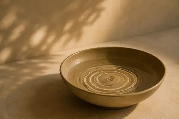 Keramikschale mit ruhiger Wasseroberfläche und konzentrischen Kreisen nach einem einzelnen Tropfen, warmes Licht und sanfte Schatten auf hellem Untergrund.