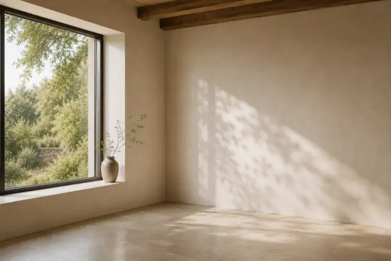 Heller Raum mit großem Fenster und Blick ins Grüne, natürliches Tageslicht und ruhige Atmosphäre.